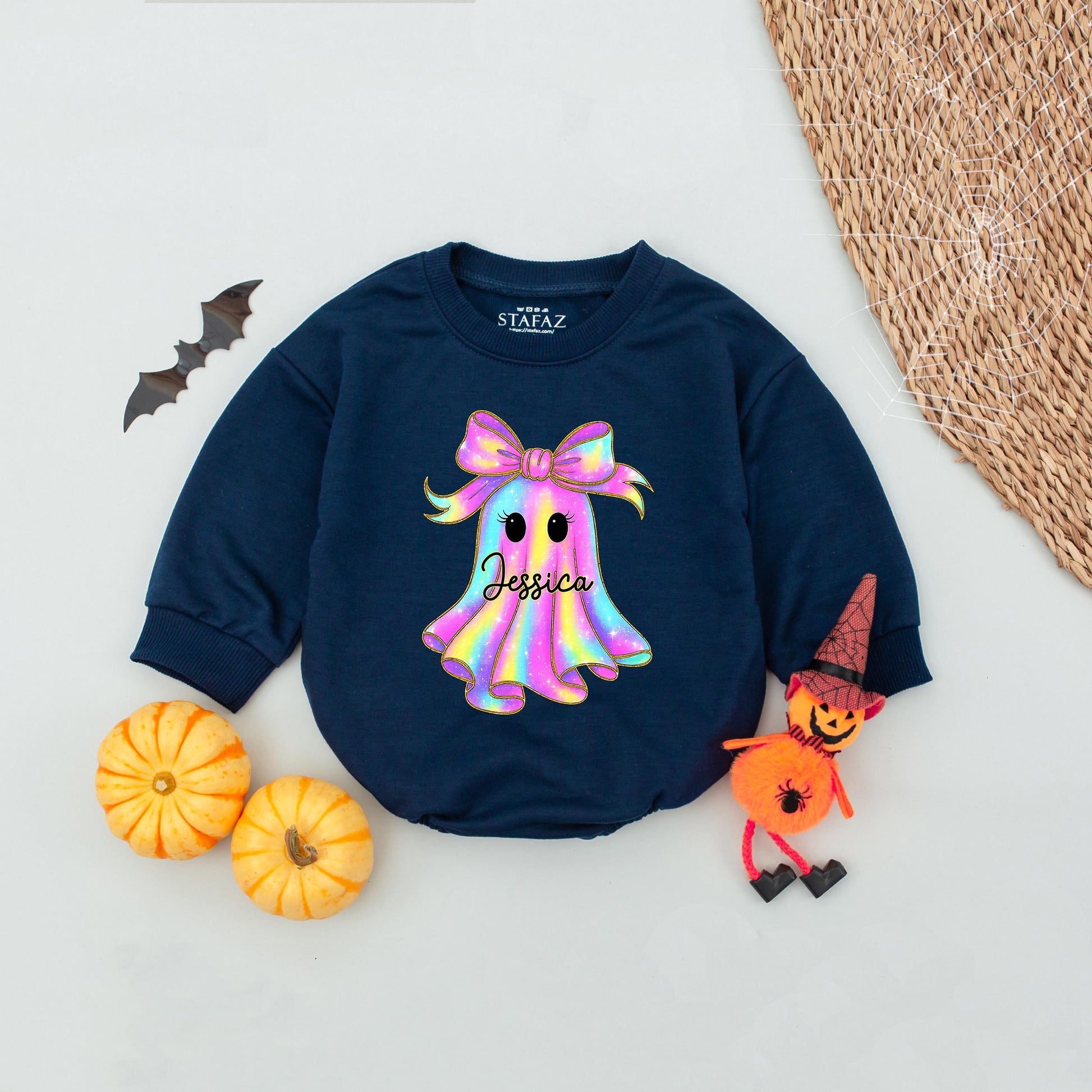 Personalized Name Ghost Halloween Baby Romper Short Sleeves Cute Boo Rainbow Ghost with Gold Outline and Black Cursive Name Toddler Outfit