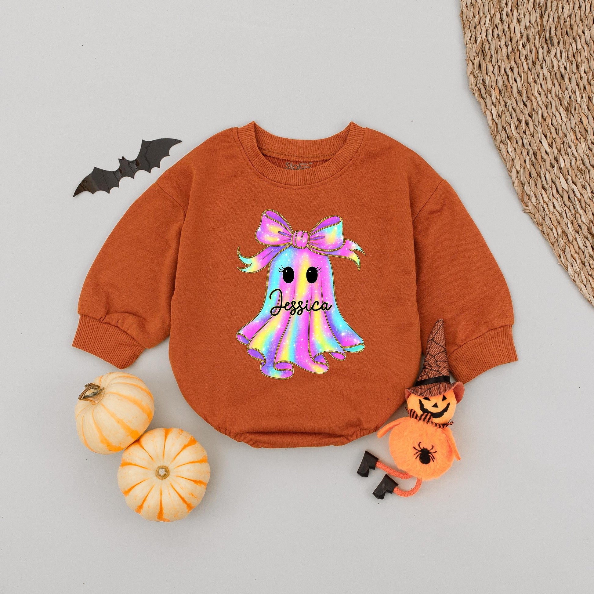Personalized Name Ghost Halloween Baby Romper Short Sleeves Cute Boo Rainbow Ghost with Gold Outline and Black Cursive Name Toddler Outfit