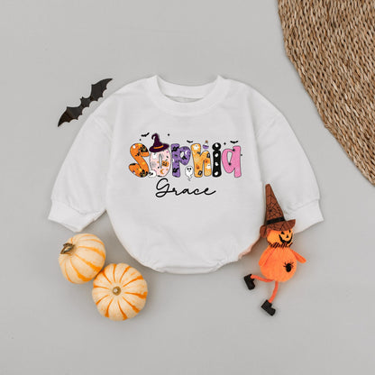 Personalized Sophia & Grace Halloween Baby Romper, Spooky Season First Halloween Outfit, Custom Fall Baby Tee, Bat & Star Design