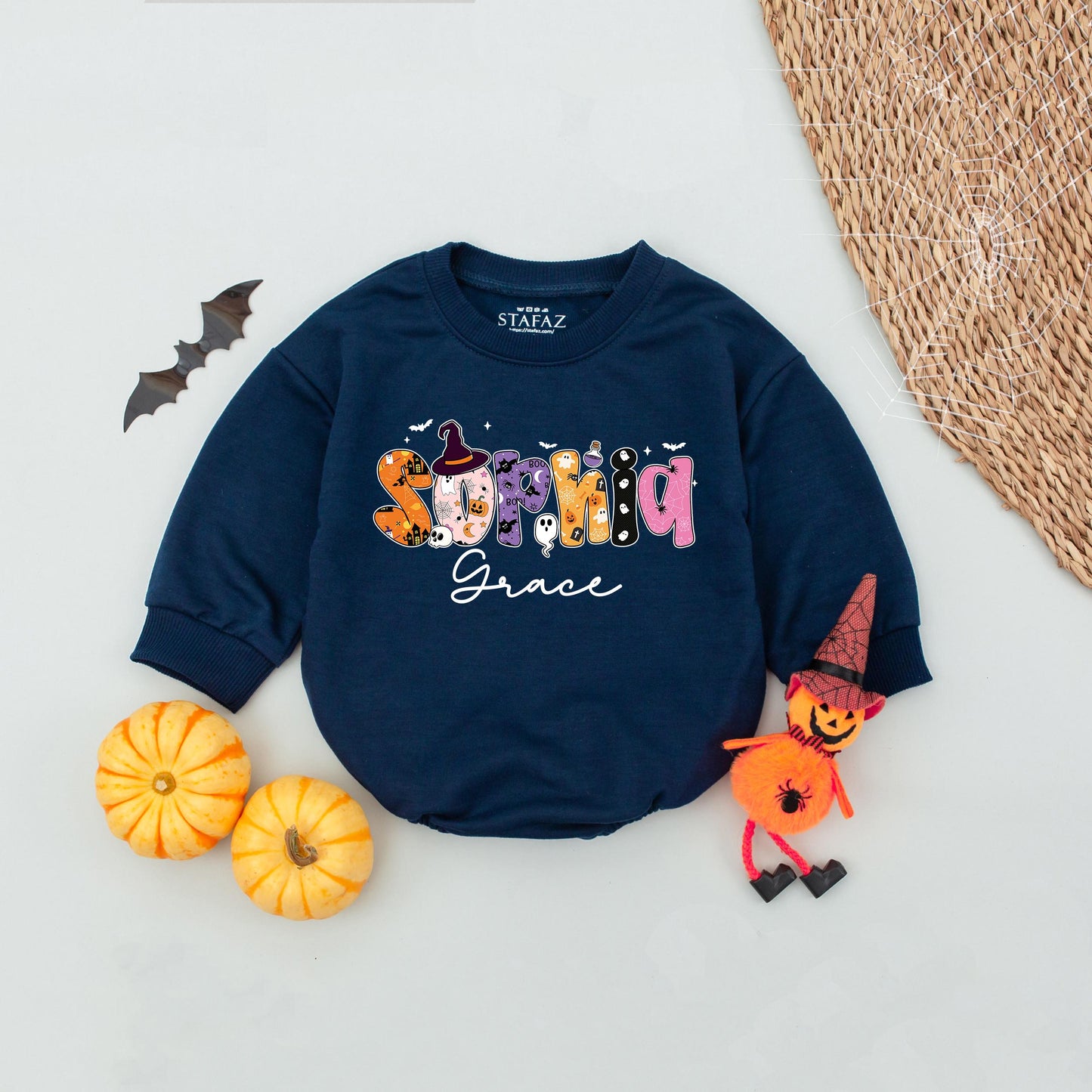 Personalized Sophia & Grace Halloween Baby Romper, Spooky Season First Halloween Outfit, Custom Fall Baby Tee, Bat & Star Design