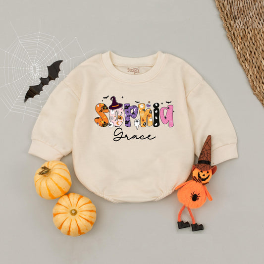 Personalized Sophia & Grace Halloween Baby Romper, Spooky Season First Halloween Outfit, Custom Fall Baby Tee, Bat & Star Design