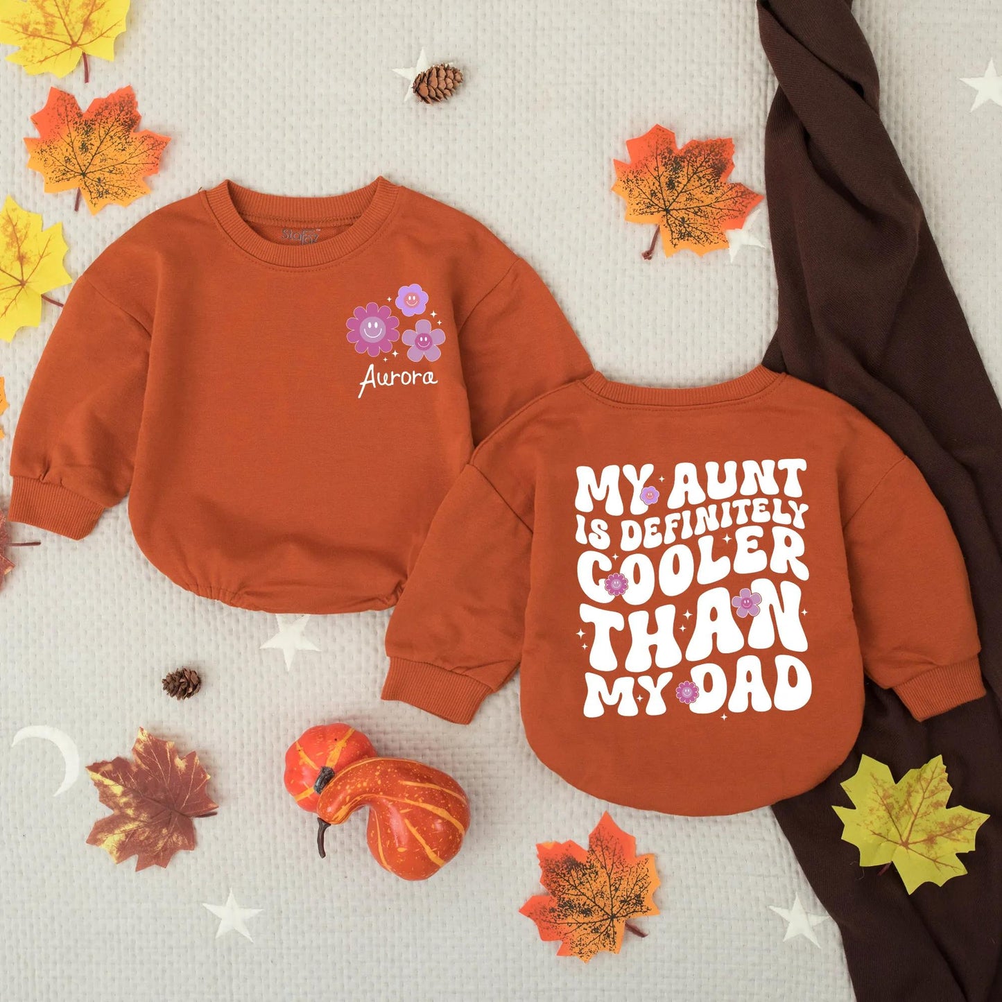 Personalized My Aunt Is Cooler Than My Dad Baby Girl Bubble Romper Funny Retro Pink Purple Floral Design Infant Auntie Gift Outfit Soft Comfortable