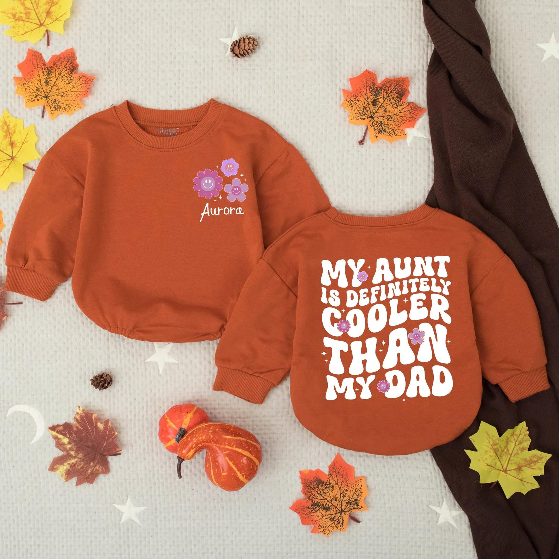 Personalized My Aunt Is Cooler Than My Dad Baby Girl Bubble Romper Funny Retro Pink Purple Floral Design Infant Auntie Gift Outfit Soft Comfortable
