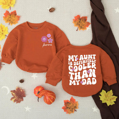 Personalized My Aunt Is Cooler Than My Dad Baby Girl Bubble Romper Funny Retro Pink Purple Floral Design Infant Auntie Gift Outfit Soft Comfortable