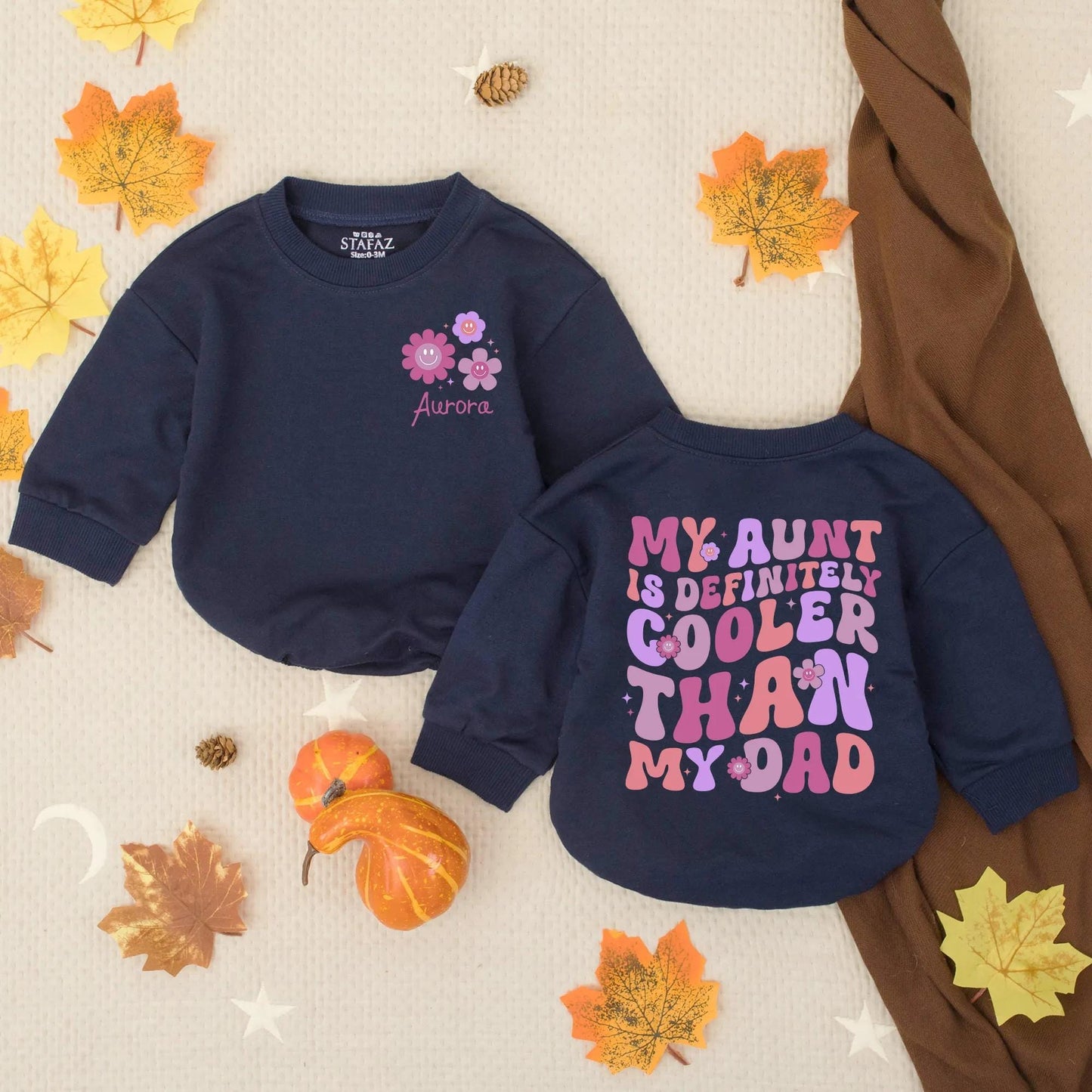 Personalized My Aunt Is Cooler Than My Dad Baby Girl Bubble Romper Funny Retro Pink Purple Floral Design Infant Auntie Gift Outfit Soft Comfortable