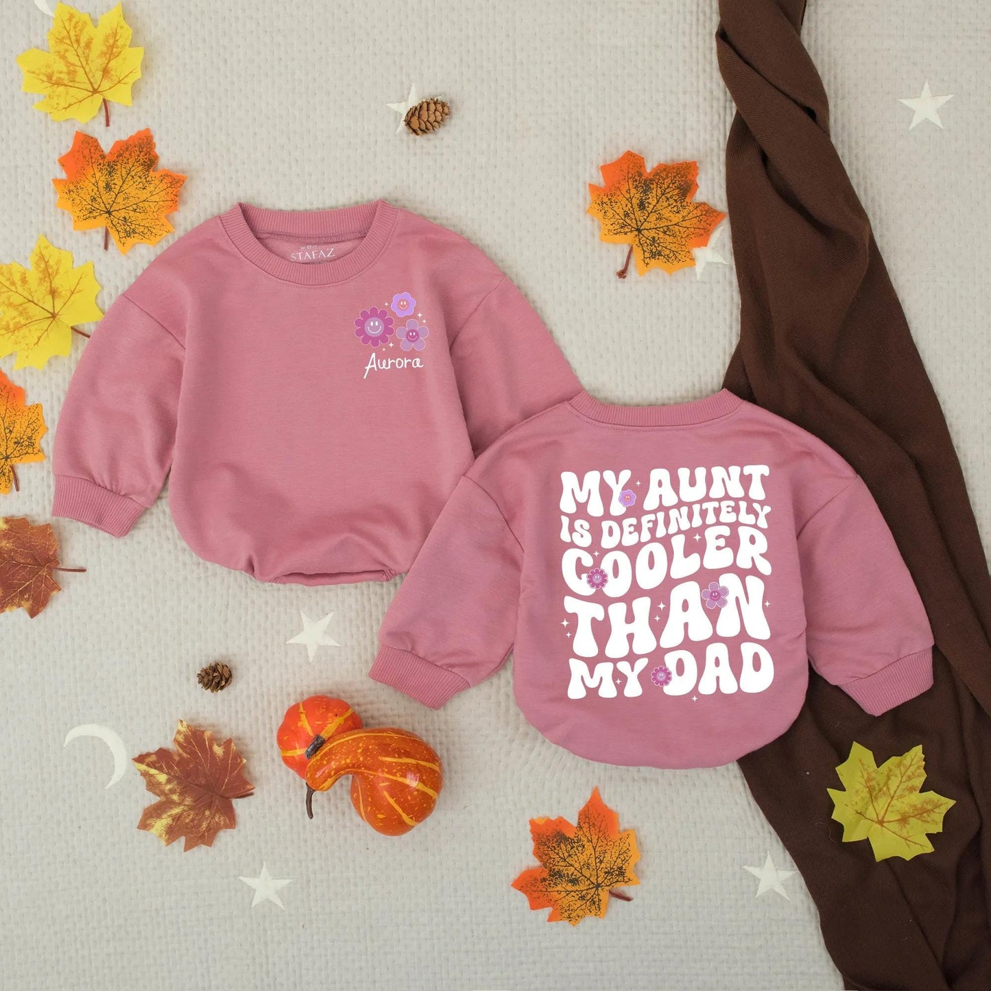 Personalized My Aunt Is Cooler Than My Dad Baby Girl Bubble Romper Funny Retro Pink Purple Floral Design Infant Auntie Gift Outfit Soft Comfortable