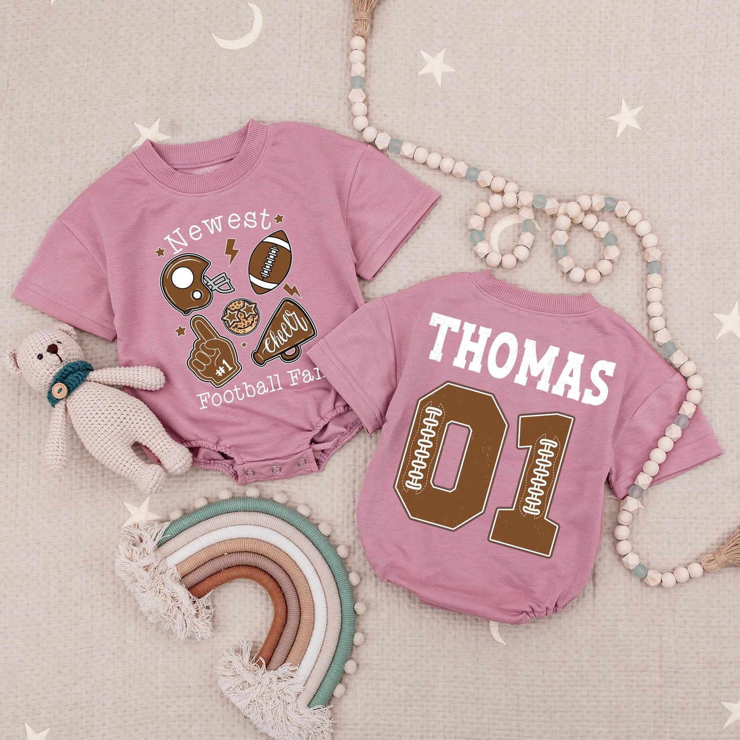 Custom Football Fan Baby Romper Newest Team Game Day Outfit Brown & Black Name 01 First Birthday Gift