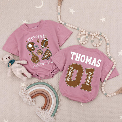 Custom Football Fan Baby Romper Newest Team Game Day Outfit Brown & Black Name 01 First Birthday Gift