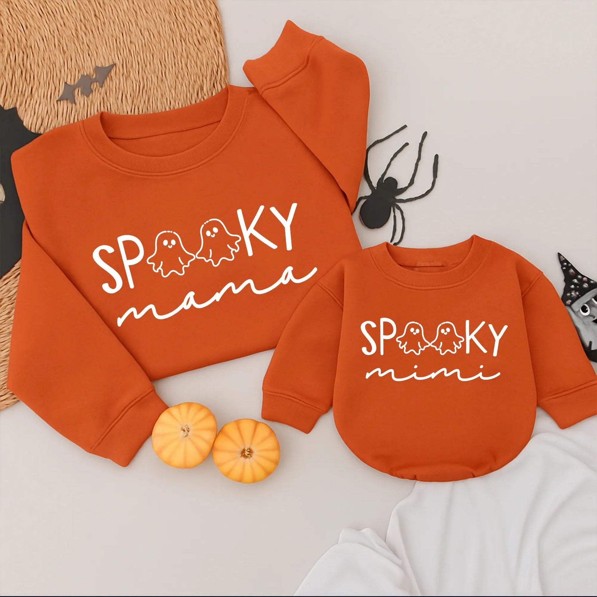Spooky Mama & Mini Halloween Matching Sweatshirt and Romper Cute Ghost Cartoon Design Family Outfit White and Black Accents