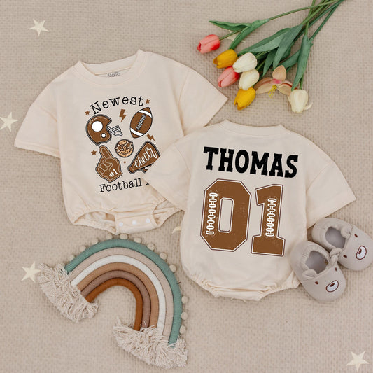 Custom Football Fan Baby Romper Newest Team Game Day Outfit Brown & Black Name 01 First Birthday Gift