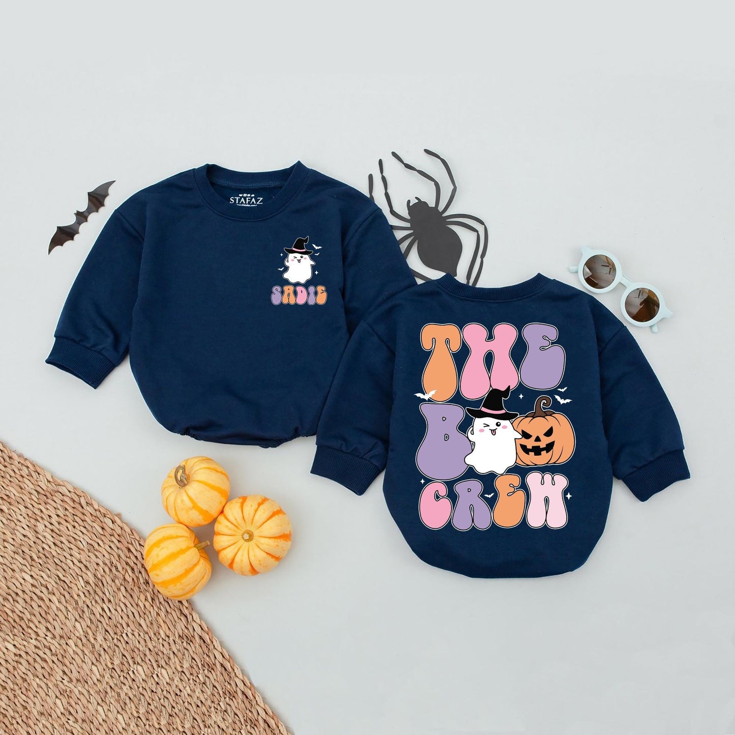 Custom Sadie Boo Crew Romper, Retro Halloween Ghost Baby Outfit, Pastel Pumpkin Witch Babysuit, Spooky Season Gift, Personalized Infant Romper 137 chars