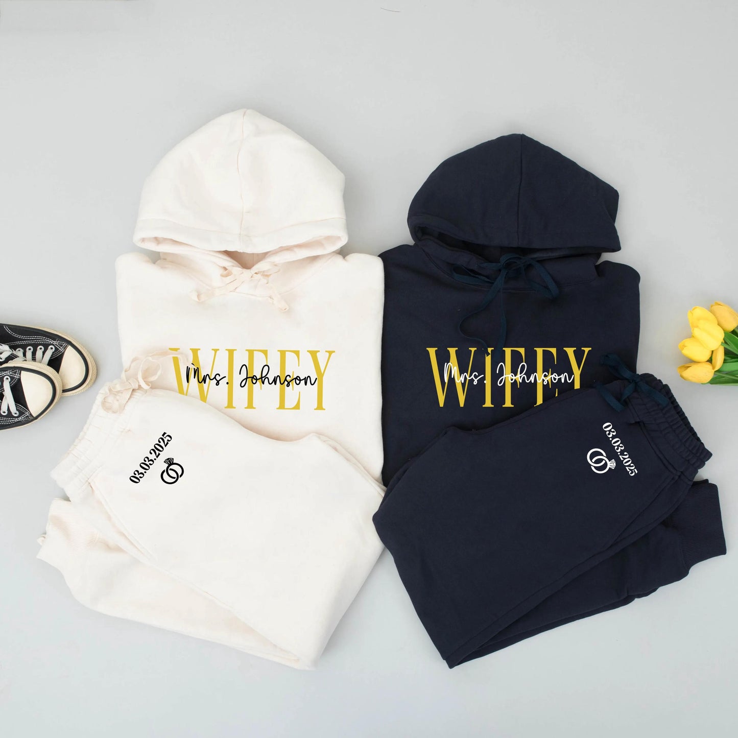 Personalized Wifey Hoodie Set Custom Name & Date Bridal Sweatshirt with Gold WIFEY Text New Bride Engagement Wedding Gift