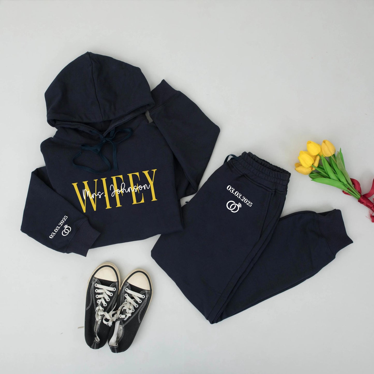 Personalized Wifey Hoodie Set Custom Name & Date Bridal Sweatshirt with Gold WIFEY Text New Bride Engagement Wedding Gift