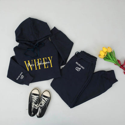 Personalized Wifey Hoodie Set Custom Name & Date Bridal Sweatshirt with Gold WIFEY Text New Bride Engagement Wedding Gift
