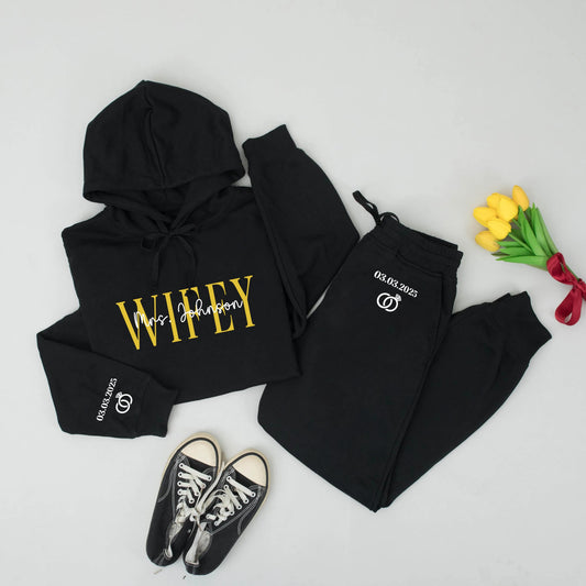 Personalized Wifey Hoodie Set Custom Name & Date Bridal Sweatshirt with Gold WIFEY Text New Bride Engagement Wedding Gift
