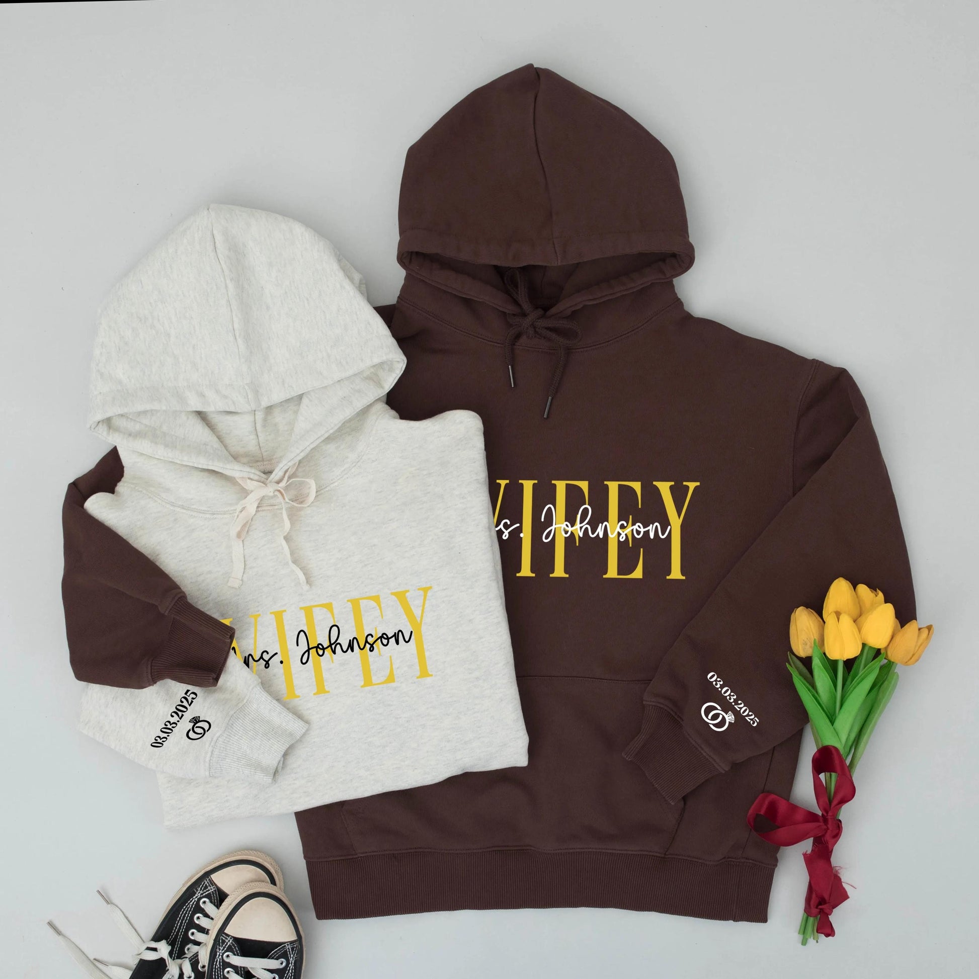 Personalized Wifey Hoodie Set Custom Name & Date Bridal Sweatshirt with Gold WIFEY Text New Bride Engagement Wedding Gift
