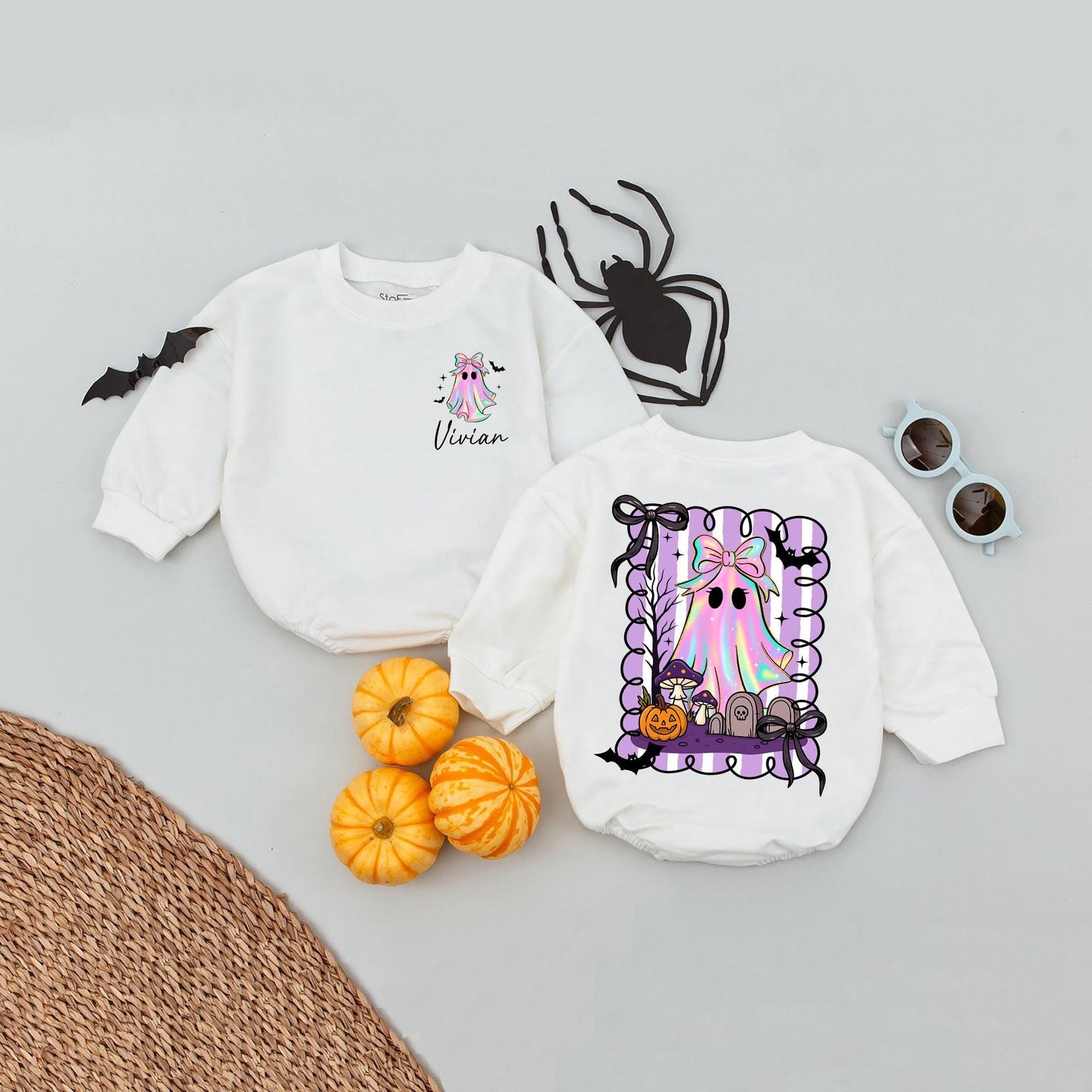 Custom Name Halloween Baby Girl Romper First 1st Spooky Season Bodysuit Cute Rainbow Ghost Outfit with Bats and Jack-o-Lanterns