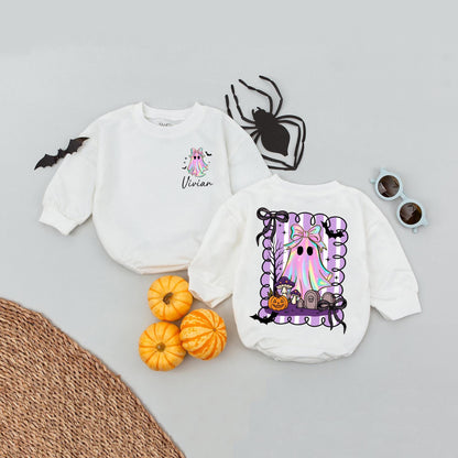 Custom Name Halloween Baby Girl Romper First 1st Spooky Season Bodysuit Cute Rainbow Ghost Outfit with Bats and Jack-o-Lanterns