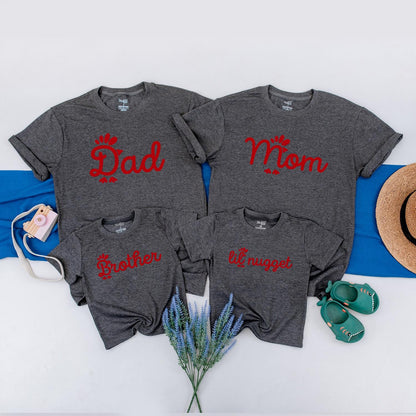 Whimsical Chicken Nugget Family Matching Shirts Red Graphics "Dad Mom Sister Lil Nugget" Playful Birthday Outfit