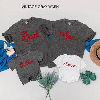 Whimsical Chicken Nugget Family Matching Shirts Red Graphics "Dad Mom Sister Lil Nugget" Playful Birthday Outfit