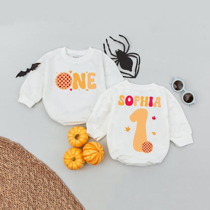 Sophia's Custom "ONE" Cutie Pie Birthday Romper Baby Girl Thanksgiving Outfit
