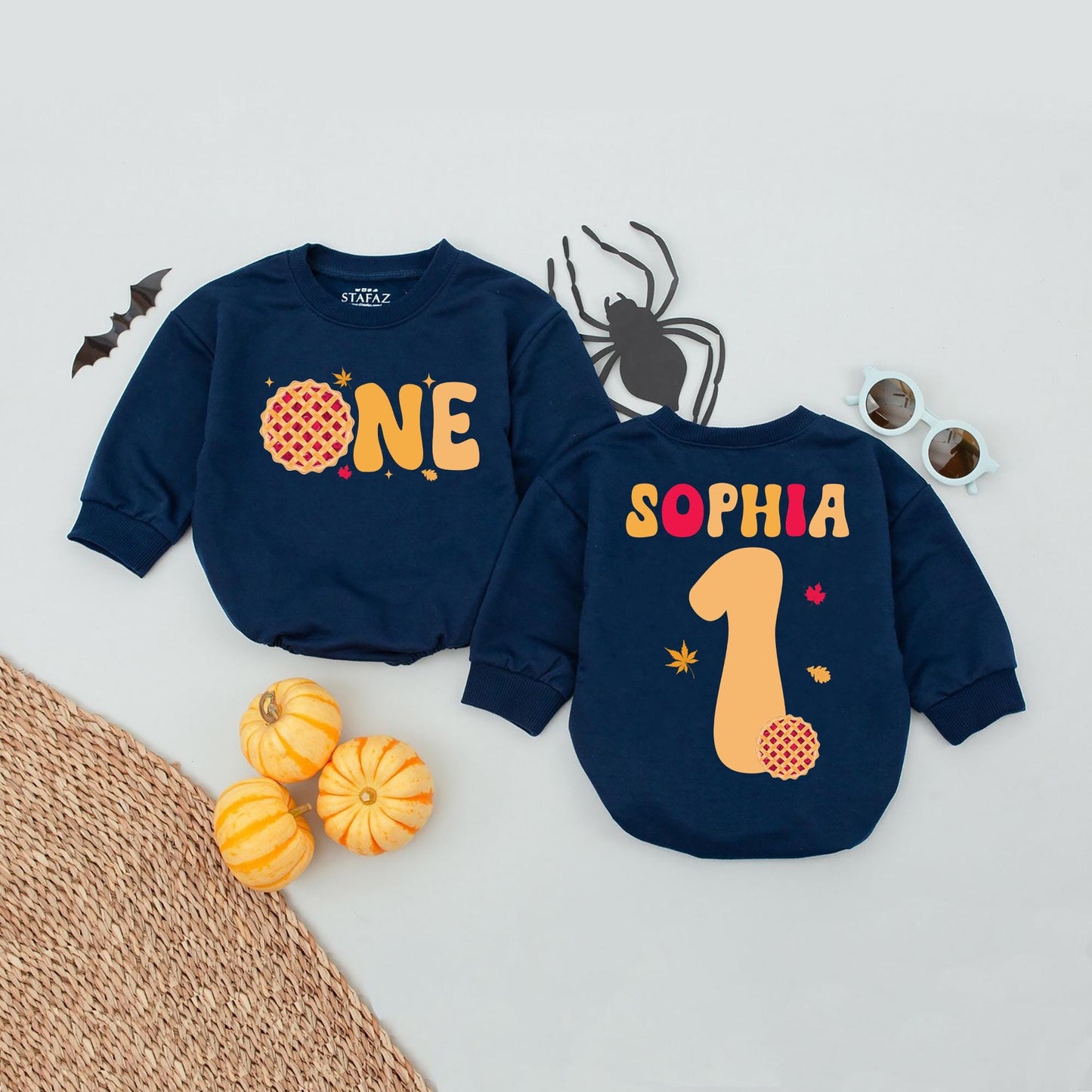 Sophia's Custom "ONE" Cutie Pie Birthday Romper Baby Girl Thanksgiving Outfit