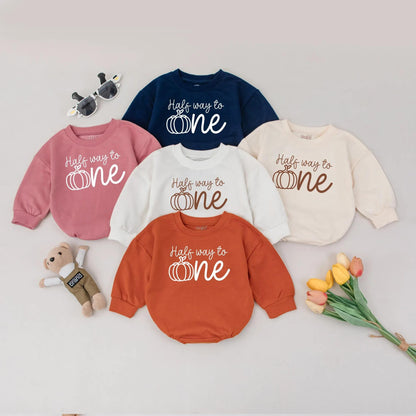 Half Way to One Pumpkin Baby Romper, Burnt Orange Thanksgiving Outfit, Funny Fall Clothes, Cute Infant Girl Romper, Little Pumpkin Party Gift (138 chars)