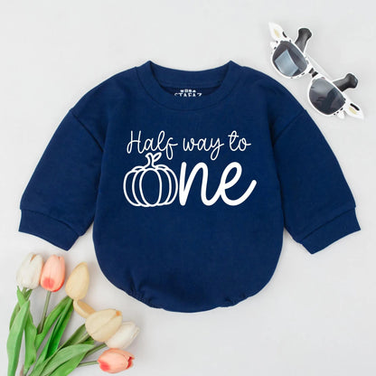 Half Way to One Pumpkin Baby Romper, Burnt Orange Thanksgiving Outfit, Funny Fall Clothes, Cute Infant Girl Romper, Little Pumpkin Party Gift (138 chars)