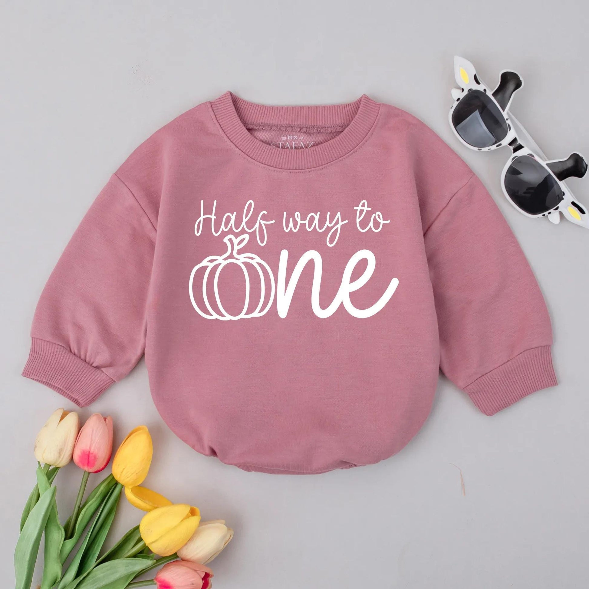Half Way to One Pumpkin Baby Romper, Burnt Orange Thanksgiving Outfit, Funny Fall Clothes, Cute Infant Girl Romper, Little Pumpkin Party Gift (138 chars)