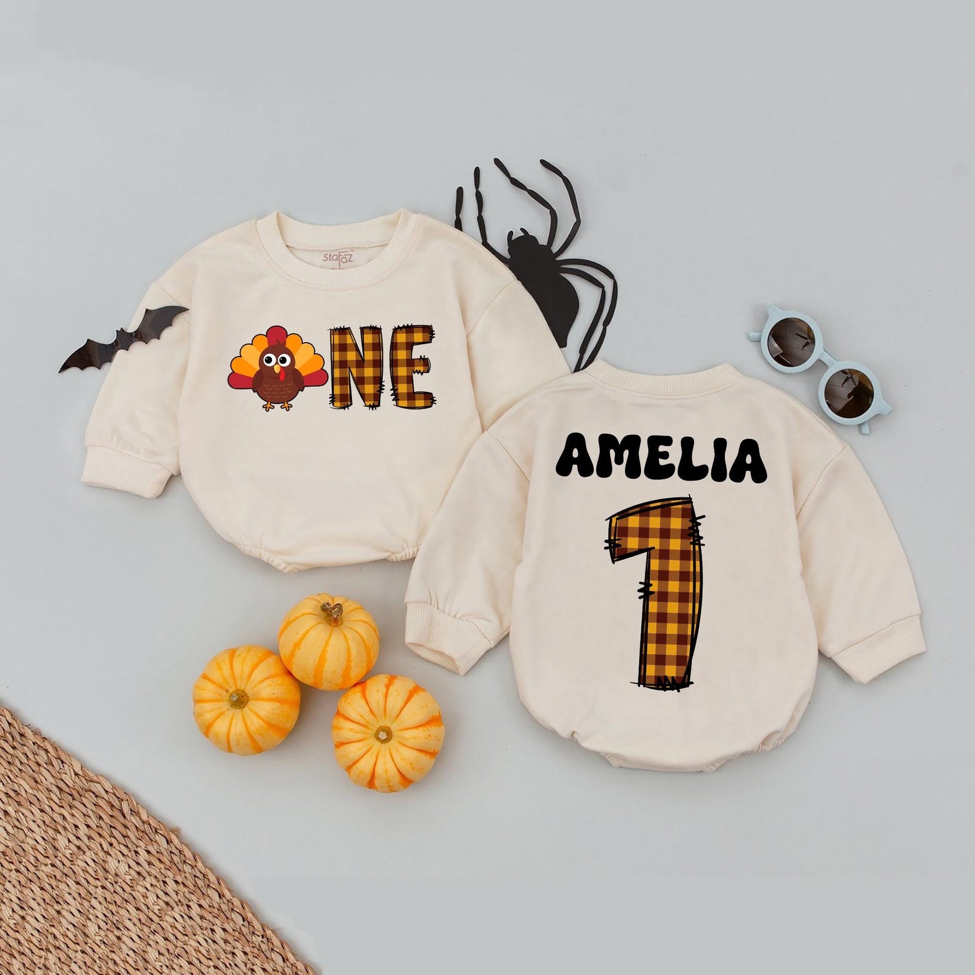 Personalized First Thanksgiving Romper Set: Custom Name Little Turkey Outfit Plaid Number One Bodysuit Cute Baby Boy Girl Clothes Gobble Thanksgiving Gift 139