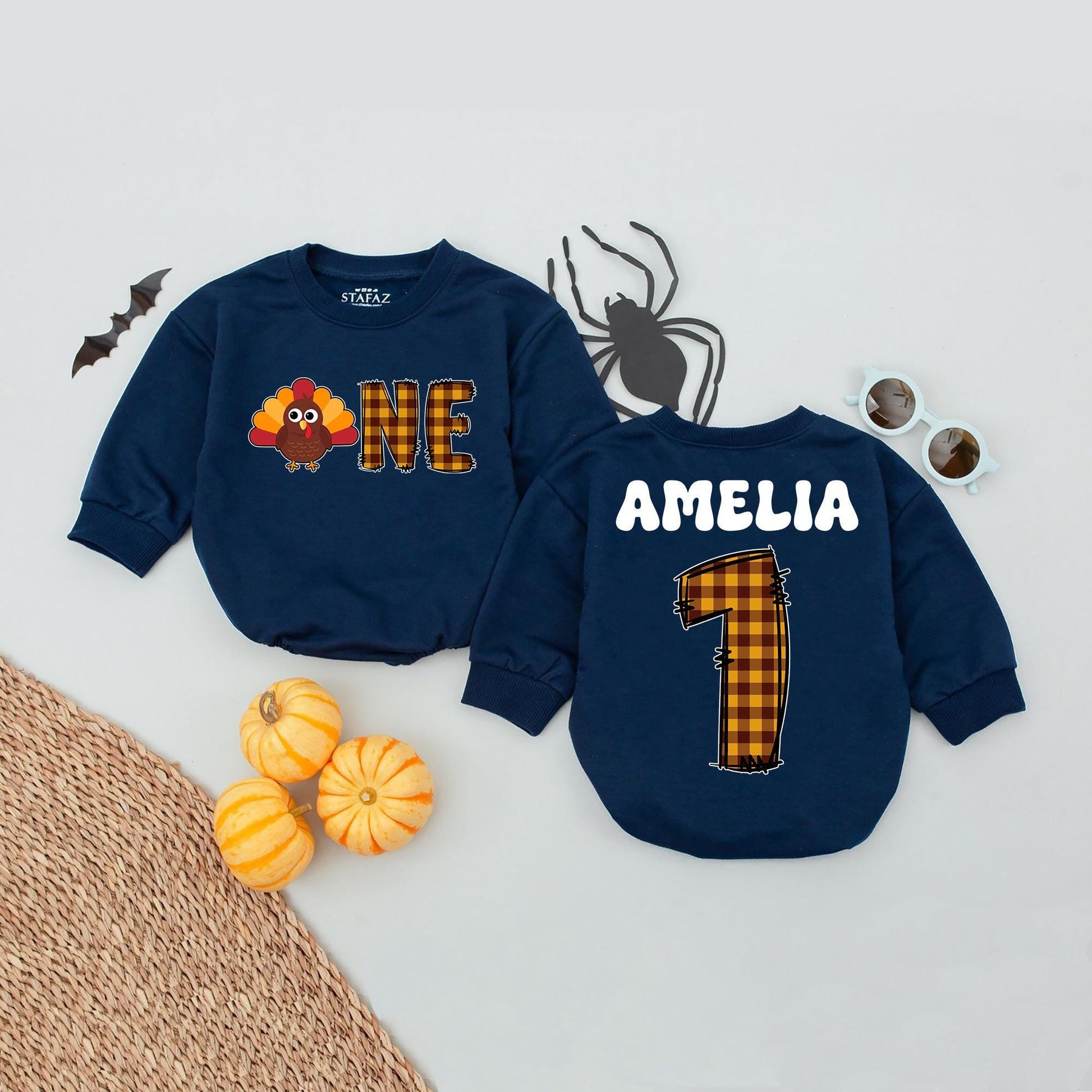 Personalized First Thanksgiving Romper Set: Custom Name Little Turkey Outfit Plaid Number One Bodysuit Cute Baby Boy Girl Clothes Gobble Thanksgiving Gift 139