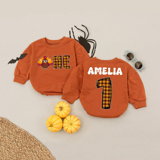Personalized First Thanksgiving Romper Set: Custom Name Little Turkey Outfit Plaid Number One Bodysuit Cute Baby Boy Girl Clothes Gobble Thanksgiving Gift 139