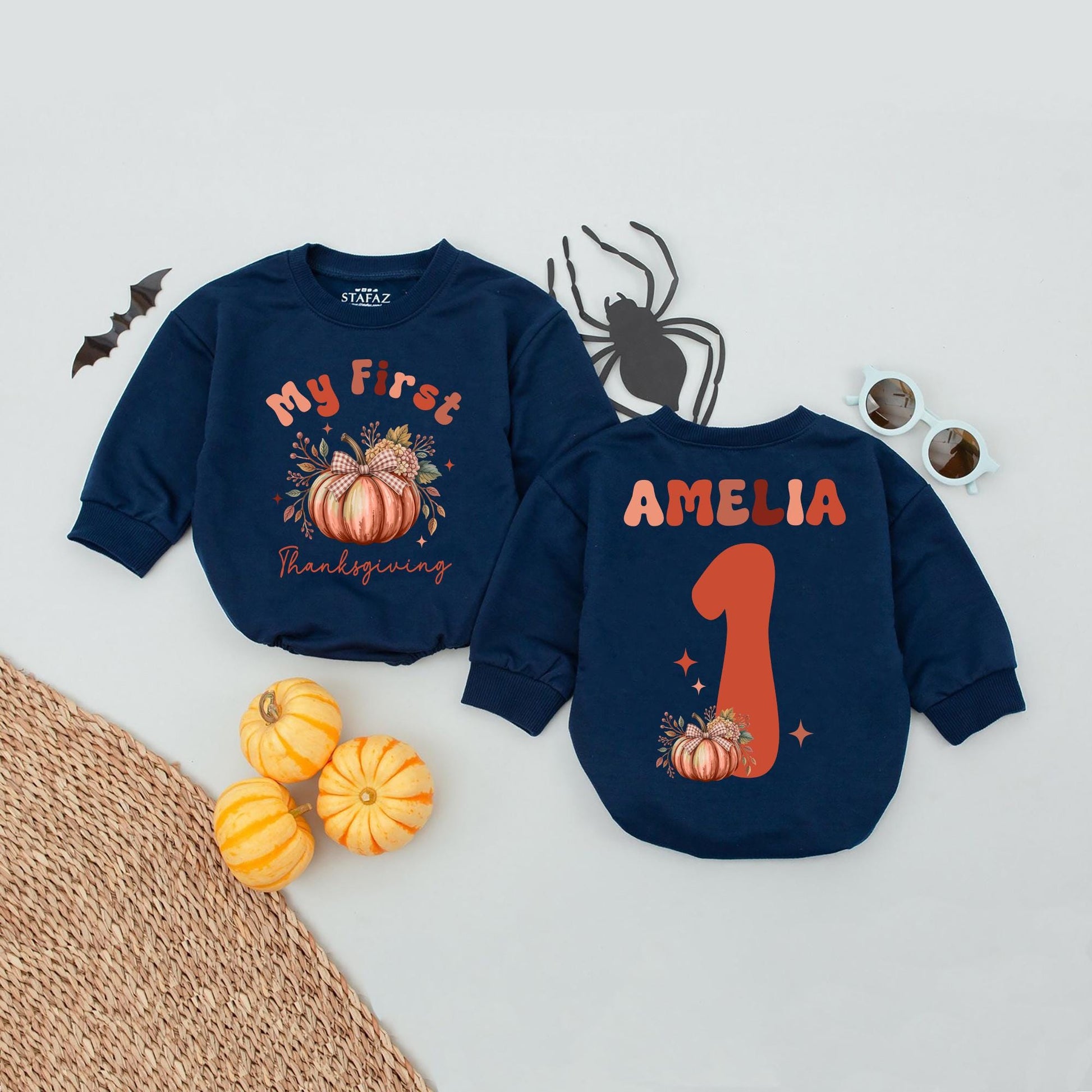 Custom "My First Thanksgiving" Baby Romper Cute Pumpkin Floral Fall Outfit Personalized Name Girl Infant Clothes