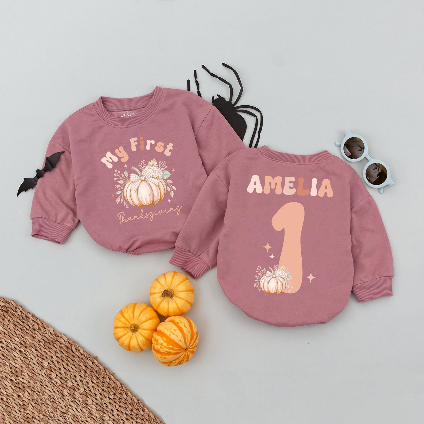 Custom "My First Thanksgiving" Baby Romper Cute Pumpkin Floral Fall Outfit Personalized Name Girl Infant Clothes