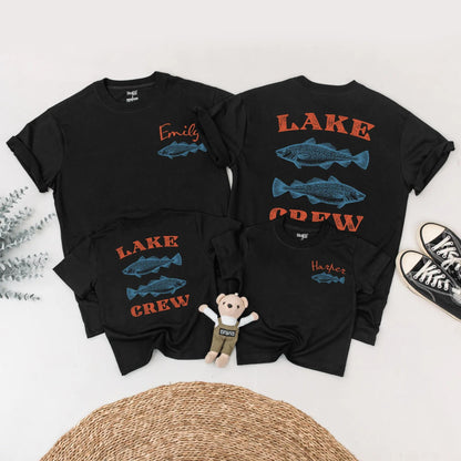 Custom Lake Crew Matching Family Shirts Vintage Fish Design Summer Vacation Outfits Personalized Red Cursive Name Tees Family Group Trip Clothes