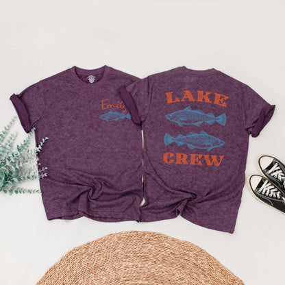 Custom Lake Crew Matching Family Shirts Vintage Fish Design Summer Vacation Outfits Personalized Red Cursive Name Tees Family Group Trip Clothes
