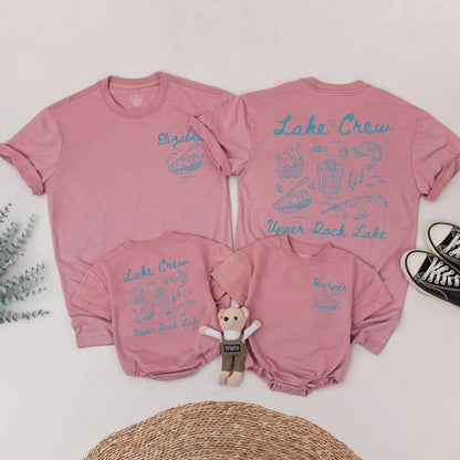 Matching Lake Crew Family Shirts Summer Vacation Outfit: Hand-Drawn Blue Design with Campfire, Fishing & Lake Fun! Custom Harper