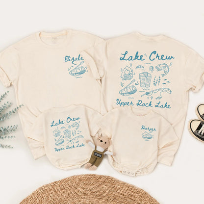 Matching Lake Crew Family Shirts Summer Vacation Outfit: Hand-Drawn Blue Design with Campfire, Fishing & Lake Fun! Custom Harper