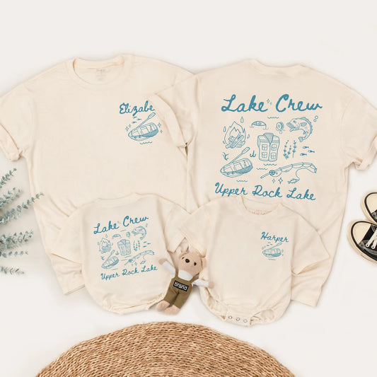 Matching Lake Crew Family Shirts Summer Vacation Outfit: Hand-Drawn Blue Design with Campfire, Fishing & Lake Fun! Custom Harper