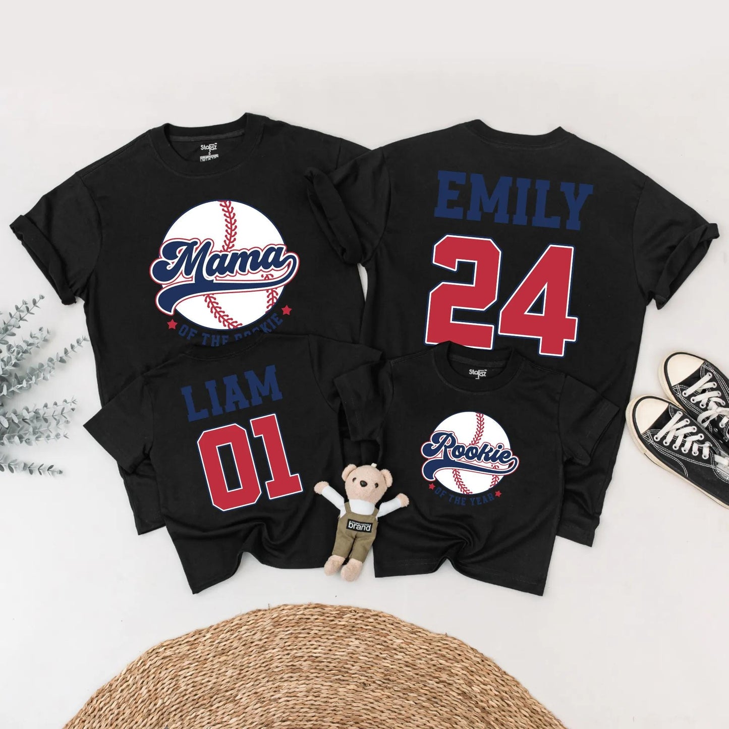 Rookie of the Year Baseball Matching Family Shirts, Mama and Baby Outfits, Navy Red Game Day Birthday, Custom Name Number Sport First Birthday Gift 138