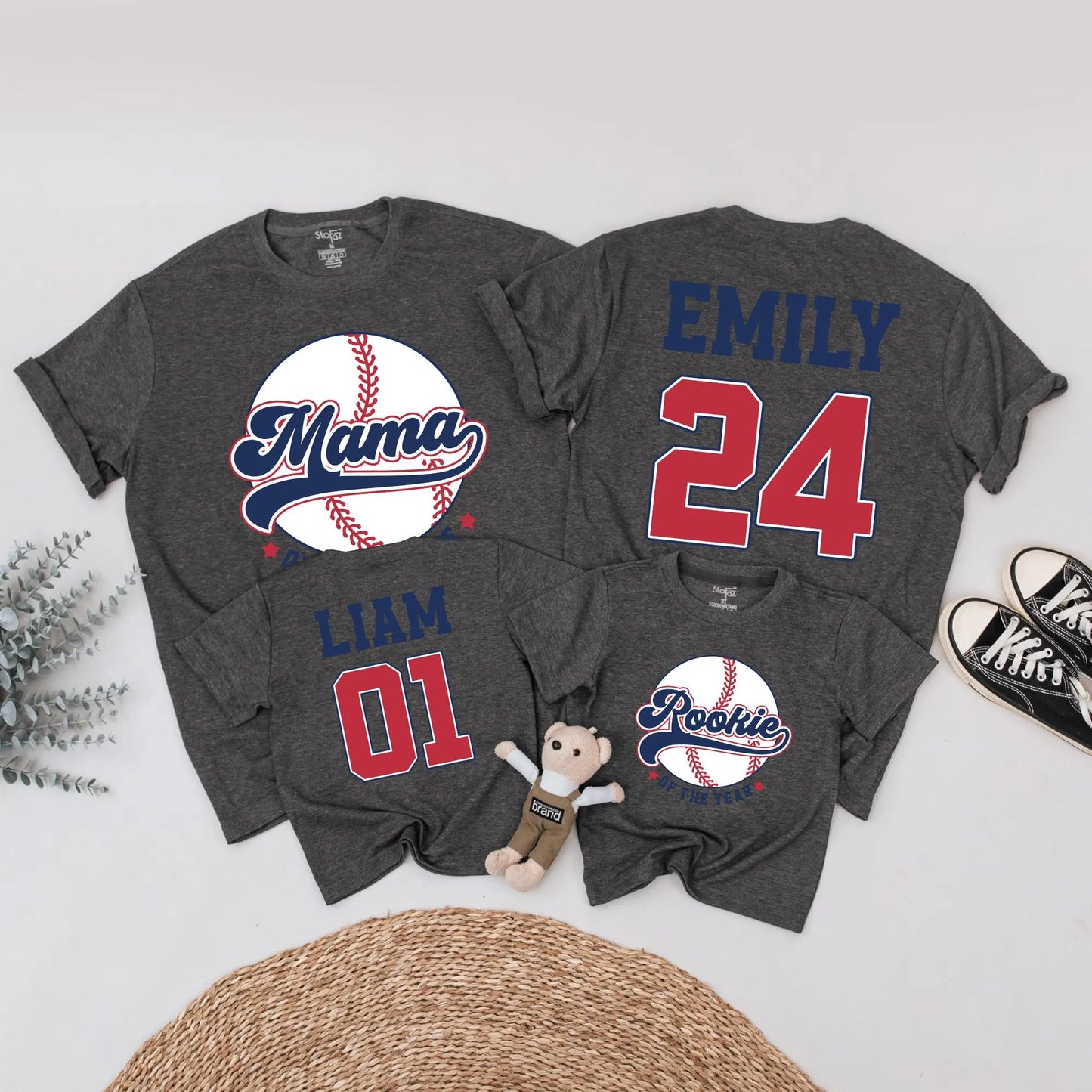 Rookie of the Year Baseball Matching Family Shirts, Mama and Baby Outfits, Navy Red Game Day Birthday, Custom Name Number Sport First Birthday Gift 138