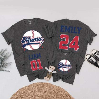 Rookie of the Year Baseball Matching Family Shirts, Mama and Baby Outfits, Navy Red Game Day Birthday, Custom Name Number Sport First Birthday Gift 138