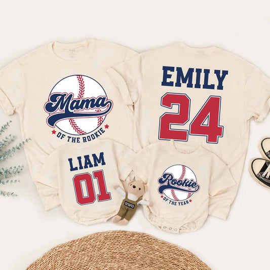 Rookie of the Year Baseball Matching Family Shirts, Mama and Baby Outfits, Navy Red Game Day Birthday, Custom Name Number Sport First Birthday Gift 138