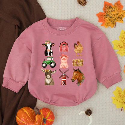 Cozy Farm Animals Baby Bubble Romper Sweater Infant Outfit Toddler Farmer Birthday Clothes Country Style Animal Lover Gift