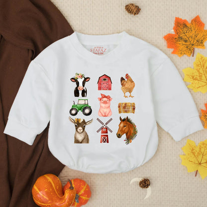 Cozy Farm Animals Baby Bubble Romper Sweater Infant Outfit Toddler Farmer Birthday Clothes Country Style Animal Lover Gift