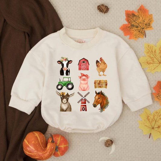 Cozy Farm Animals Baby Bubble Romper Sweater Infant Outfit Toddler Farmer Birthday Clothes Country Style Animal Lover Gift
