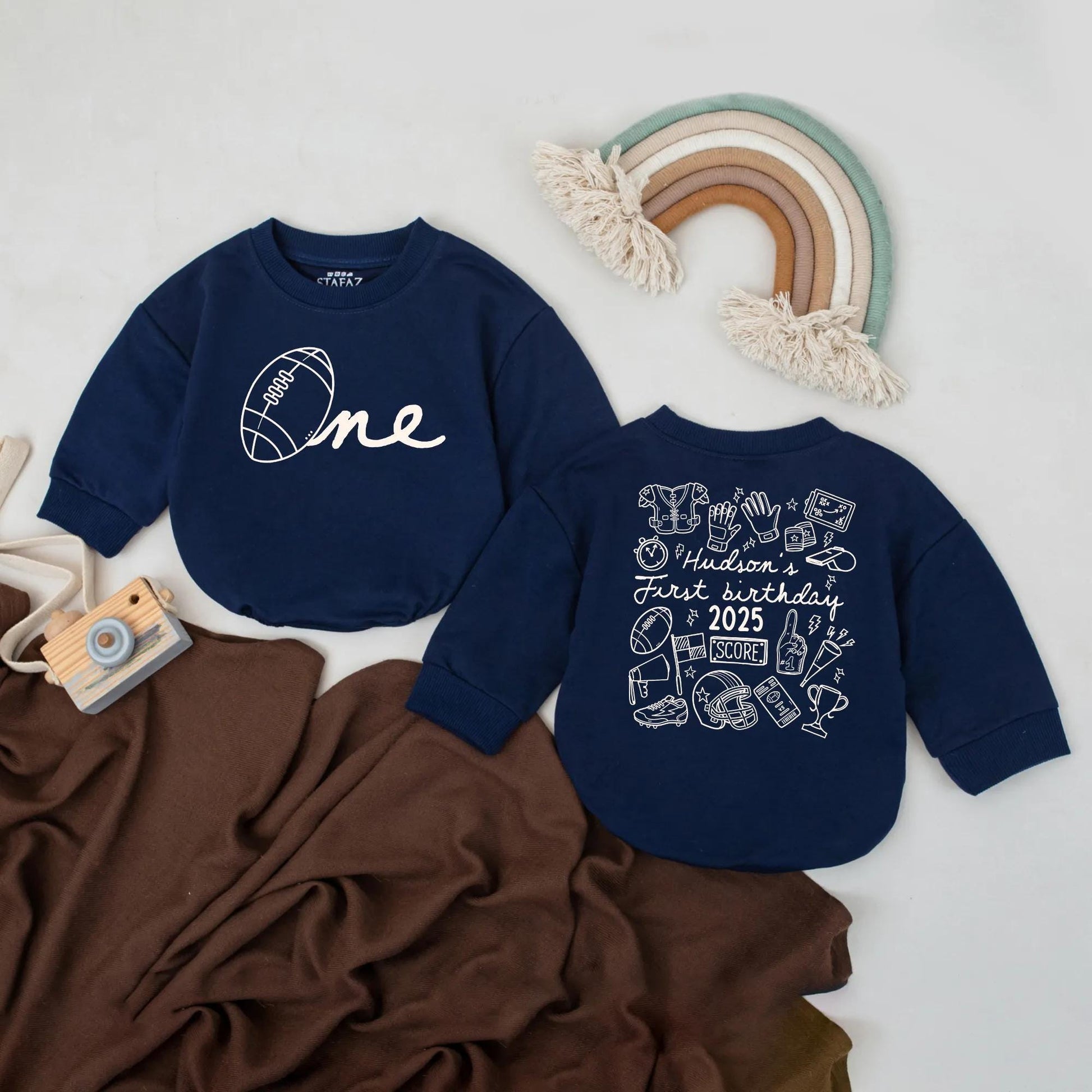 Personalized First Birthday Football Bubble Romper Baby Boy Monochromatic Brown Hand-Drawn Sports One Year Old "One" Design Bodysuit