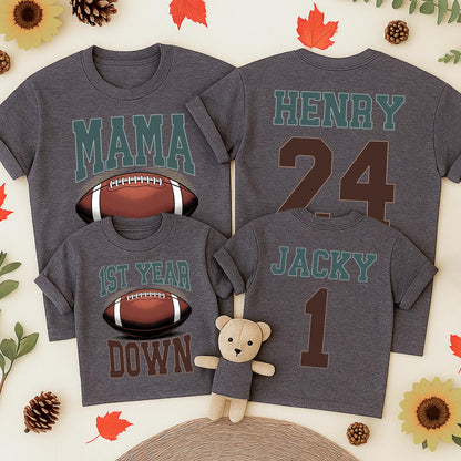Football 1st Birthday Outfit Touchdown One Matching Family Tees Teal Brown Football Design 1st Birthday