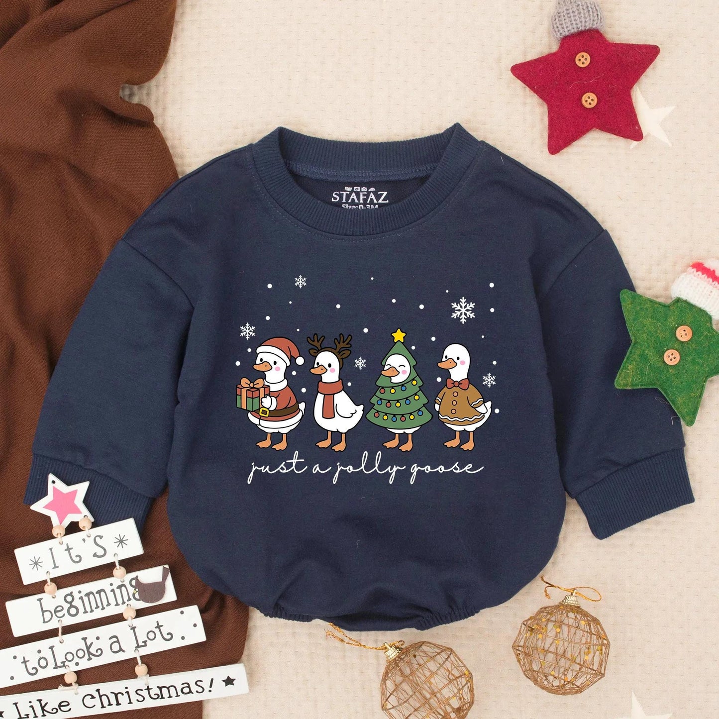 Just a Jolly Goose First Christmas Baby Romper Cute Cartoon Holiday Outfit Infant Xmas Clothes Baby Girl Boy Gift