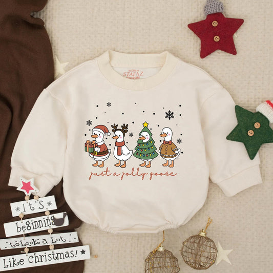 Just a Jolly Goose First Christmas Baby Romper Cute Cartoon Holiday Outfit Infant Xmas Clothes Baby Girl Boy Gift